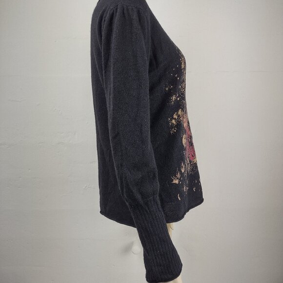 RXB black red tan Fleur De Lis round neck 100% Cashmere sweater ladies Large - Picture 4 of 7